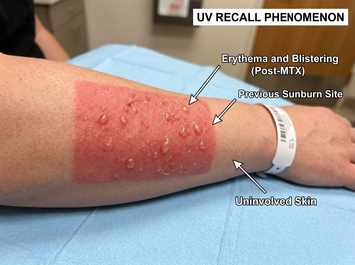 Arm showing methotrexate UV recall phenomenon: severe erythema and blistering reappearing at site of prior sunburn after MTX administration