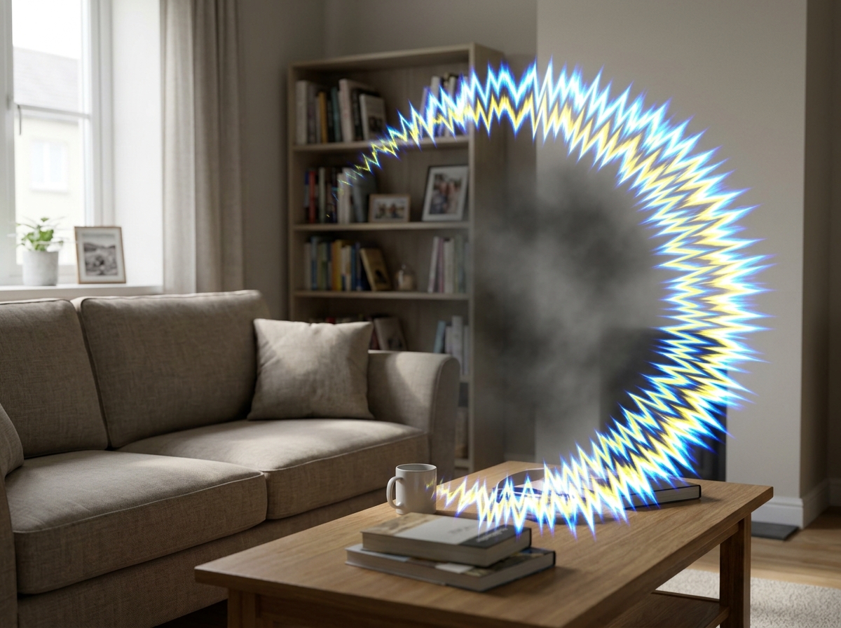 Simulated view of classic scintillating scotoma migraine aura: crescent arc of bright zigzag fortification lines expanding from center-right of visual field