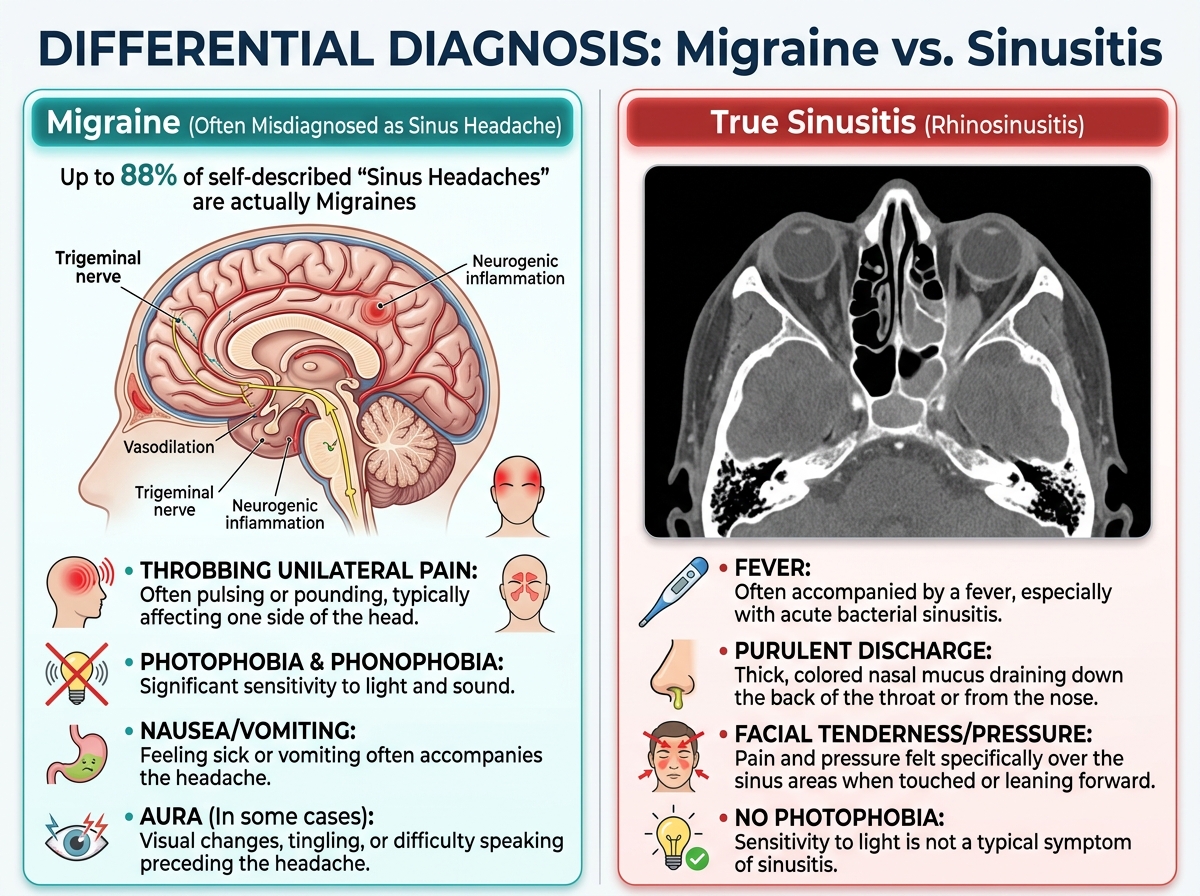 Split comparison diagram: left shows migraine symptoms (throbbing unilateral pain, photophobia, nausea) vs right shows true sinusitis symptoms (fever, purulent discharge, facial tenderness)