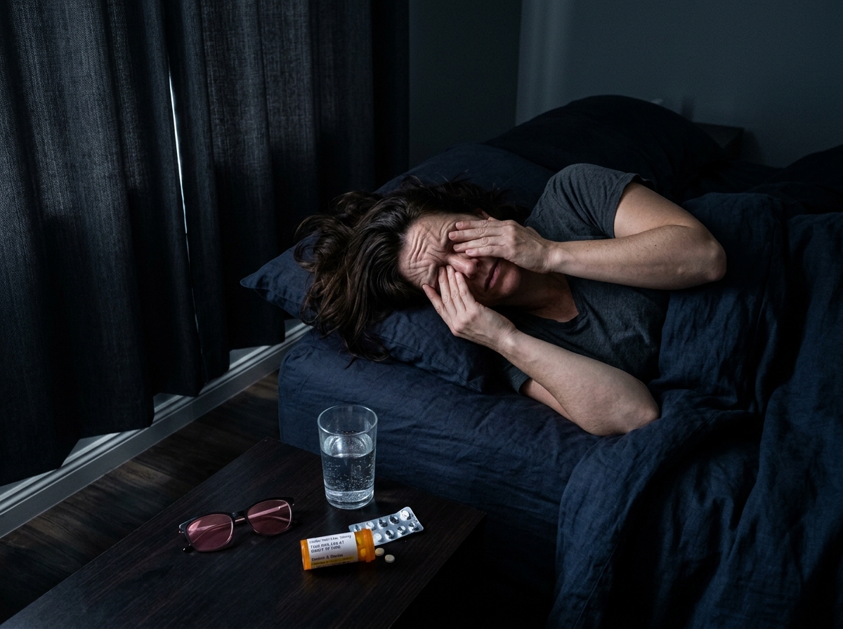 Woman gripping temples in pain, eyes shut, dark bedroom with harsh light cutting through blinds