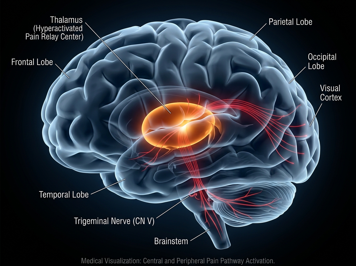 3D brain sagittal view with thalamus glowing amber indicating sensitization and trigeminal nerve pathway in electric blue