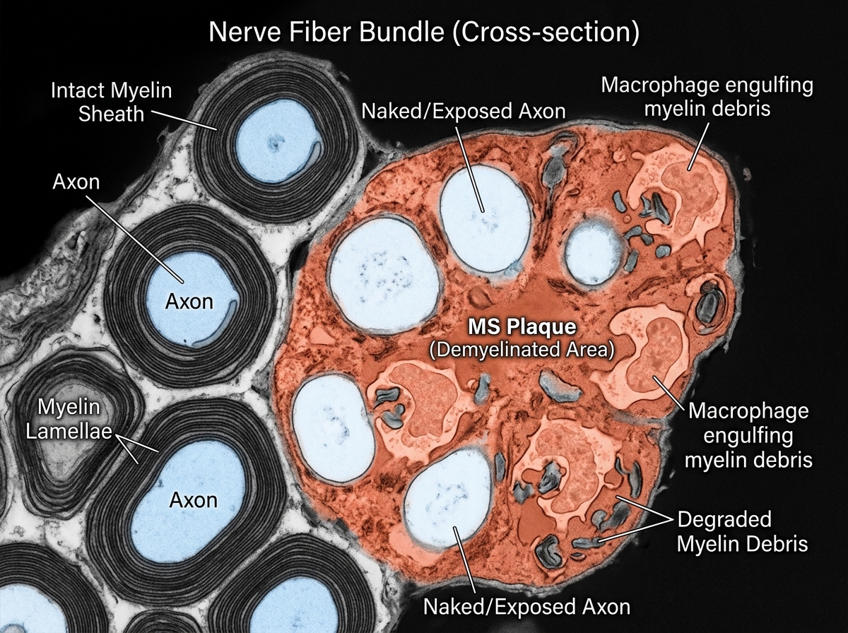 3D nerve axon cross-section showing myelin sheath peeling away in segments, exposed axon in red-orange, healthy myelin in white-blue