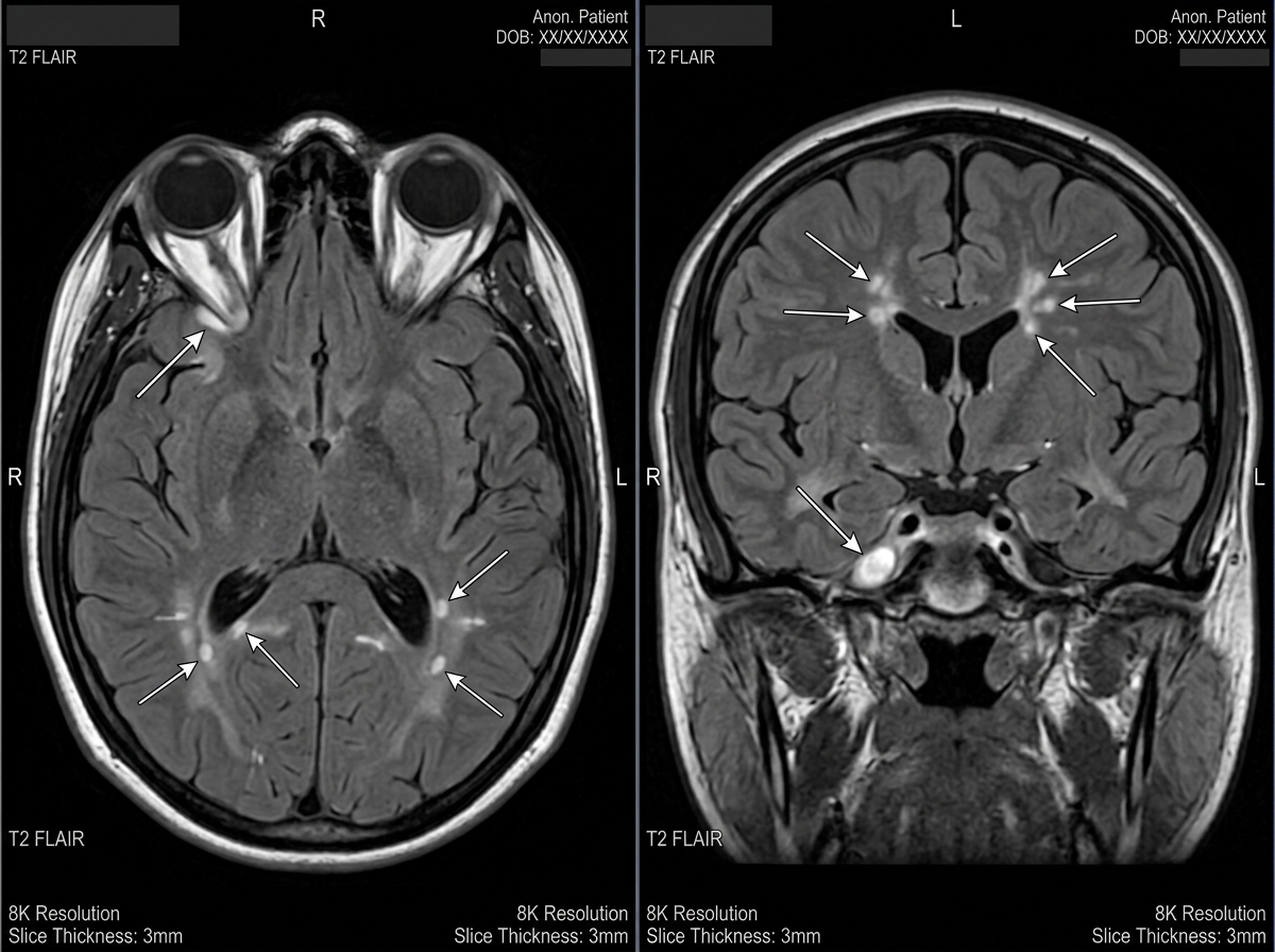 MRI optic nerve cross-section showing gadolinium enhancement of the right optic nerve as bright white area indicating active inflammation