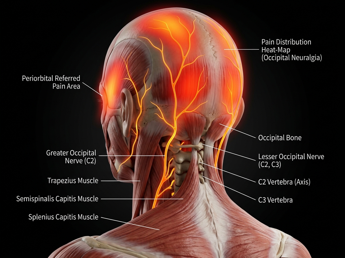 Posterior head anatomy showing greater and lesser occipital nerve pathways from C2-C3 vertebrae over scalp to forehead, with pain radiation pattern in red