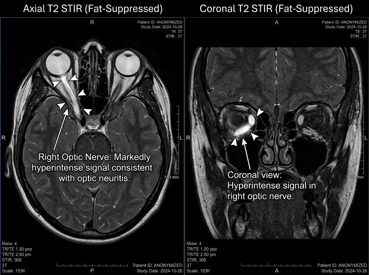 MRI T2 fat-saturated sequence showing bright signal enhancement of the left optic nerve from optic neuritis in a cross-section view