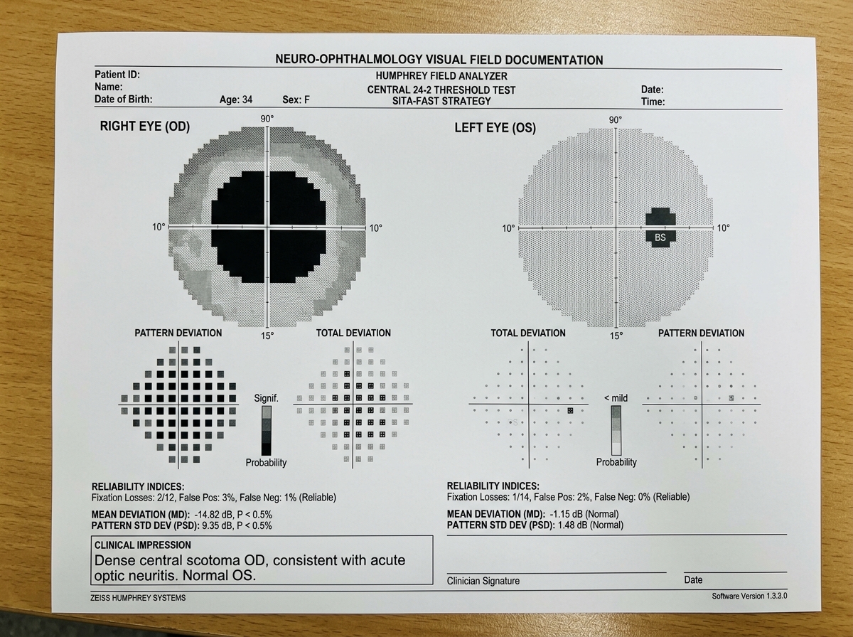 Visual field test result showing central scotoma in left eye characteristic of optic neuritis, with central dark region against gray field