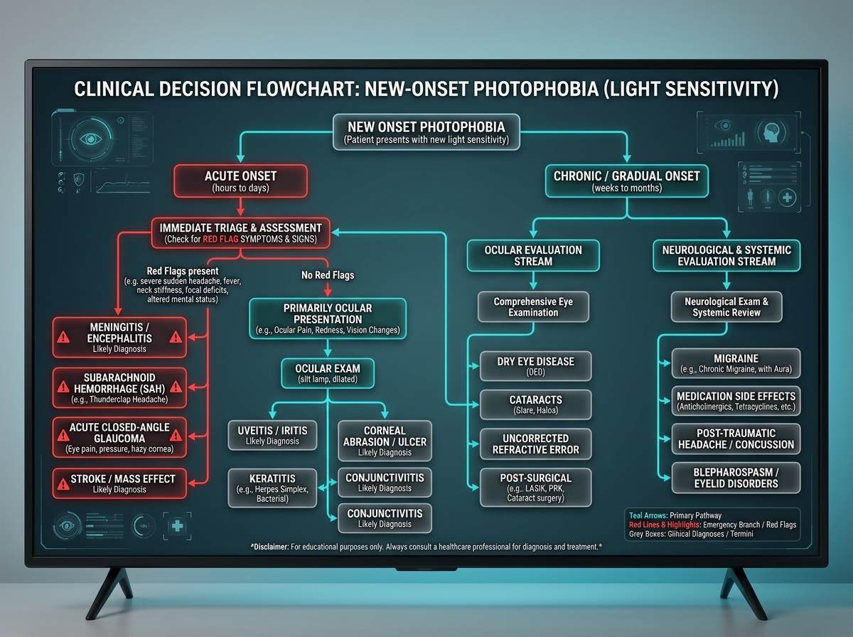Clinical decision flowchart: photophobia diagnostic pathway branching from acute vs chronic, with ocular exam and neurological evaluation branches