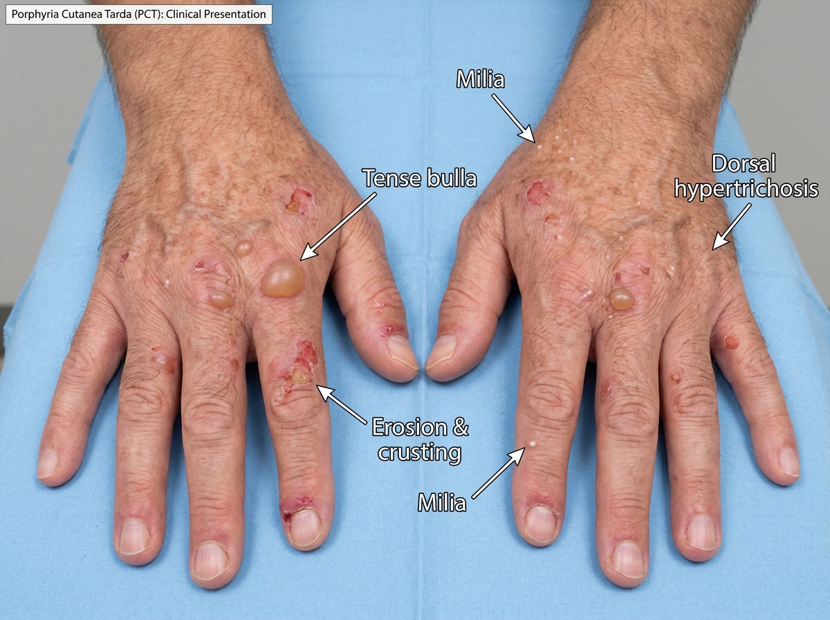 Hands of a porphyria cutanea tarda patient showing blistering, erosions, scarring, and hyperpigmentation on sun-exposed dorsal hand surfaces