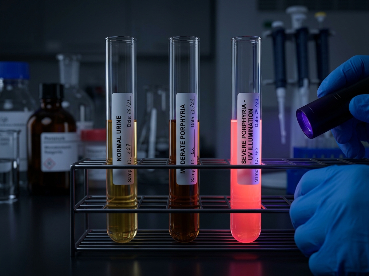 Test tubes of porphyria patient urine fluorescing bright pink-red under Wood's lamp UV light, showing porphyrin accumulation