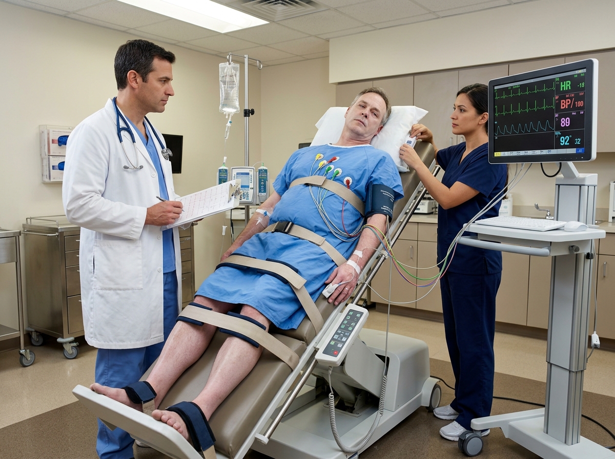 Patient undergoing tilt-table test for POTS diagnosis, strapped to table being raised from horizontal to 70-degree angle with continuous heart rate monitoring