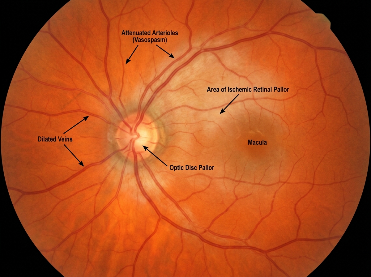 Fundus photograph of retina during retinal migraine showing pallor and arteriolar spasm in the right eye from vasospasm