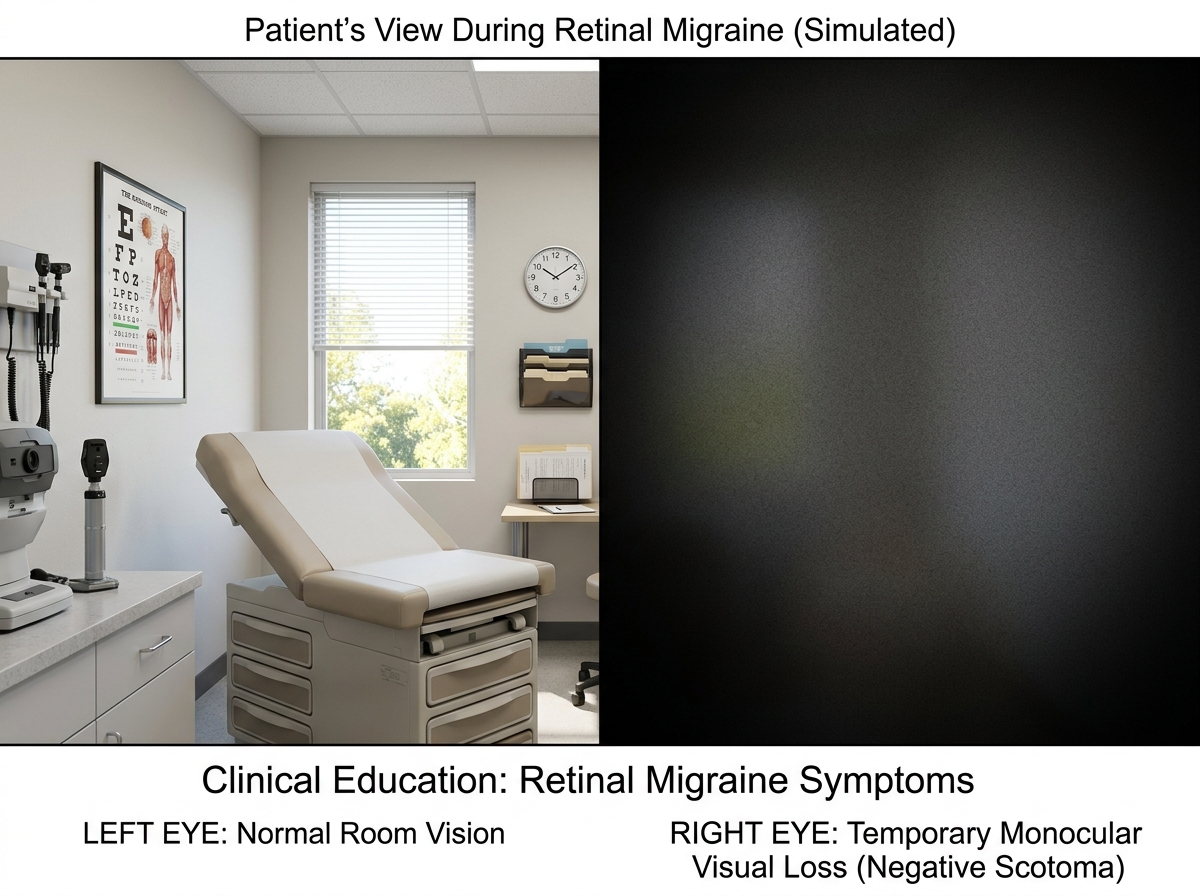 Simulated monocular visual field loss from retinal migraine: left eye shows normal view, right eye covered showing complete vision loss in one eye