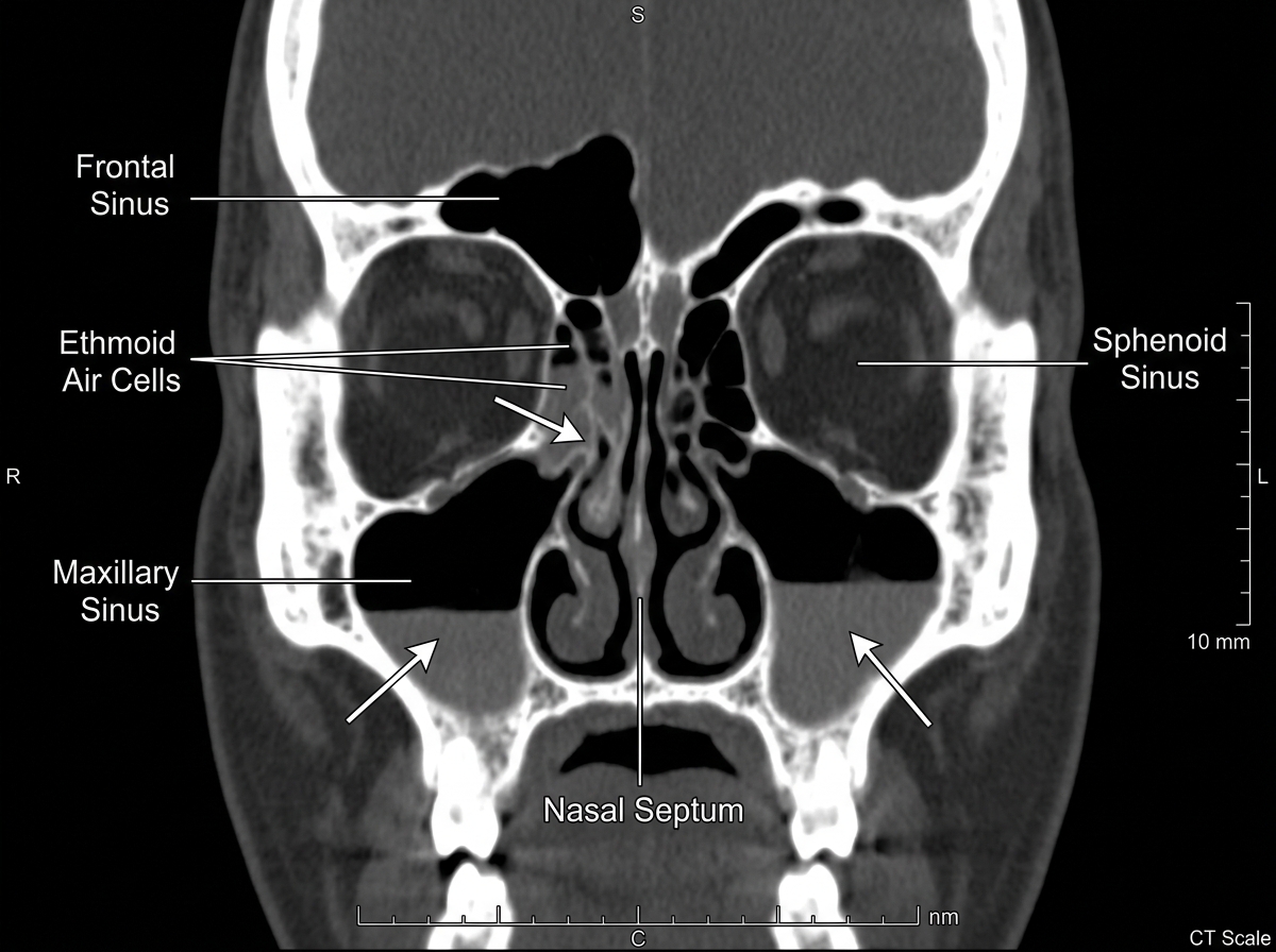 CT scan coronal view of sinuses showing opacified maxillary and ethmoid sinuses with air-fluid levels indicating acute bacterial sinusitis