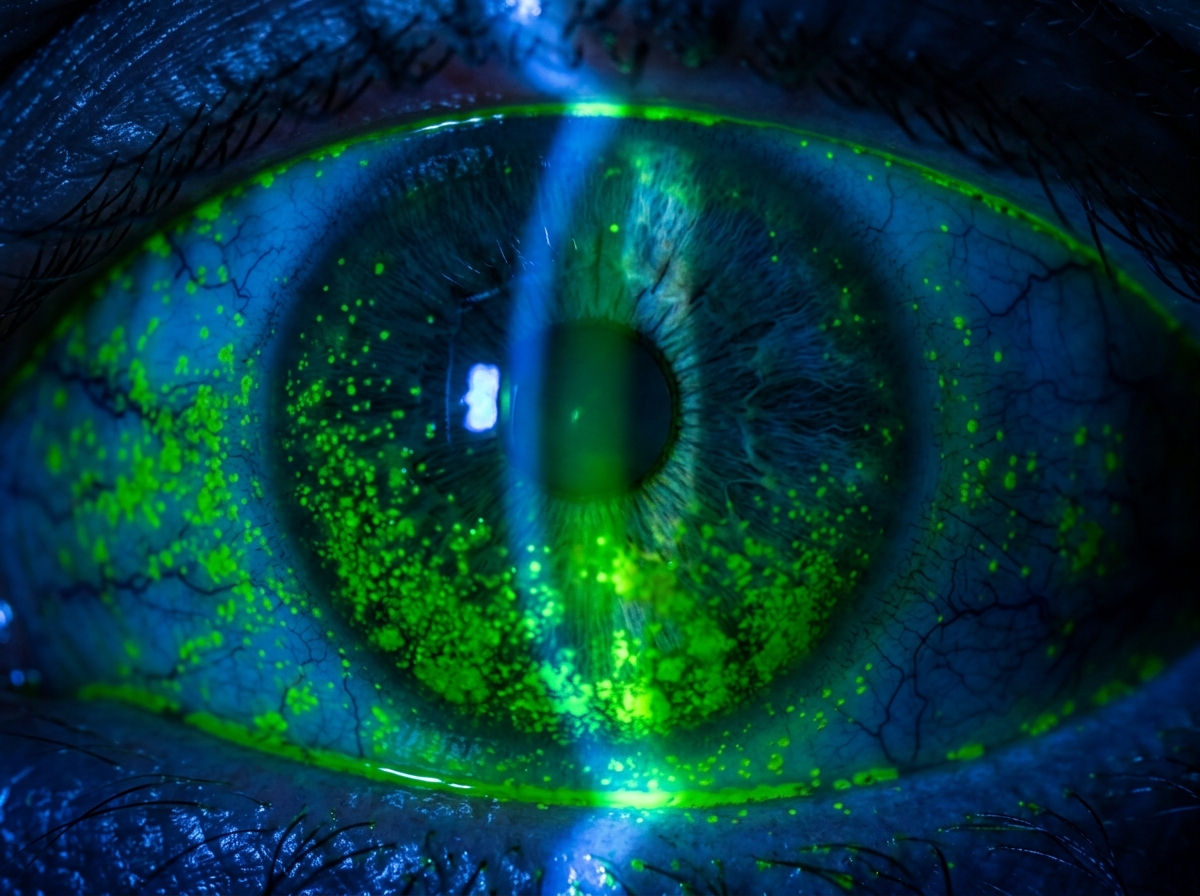 Slit-lamp photograph with lissamine green staining showing diffuse punctate staining of the corneal and conjunctival epithelium in severe Sjogren's dry eye