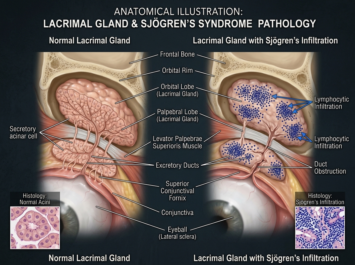 Histology of lacrimal gland in Sjogren's syndrome showing lymphocytic infiltration and acinar cell destruction at 20x magnification