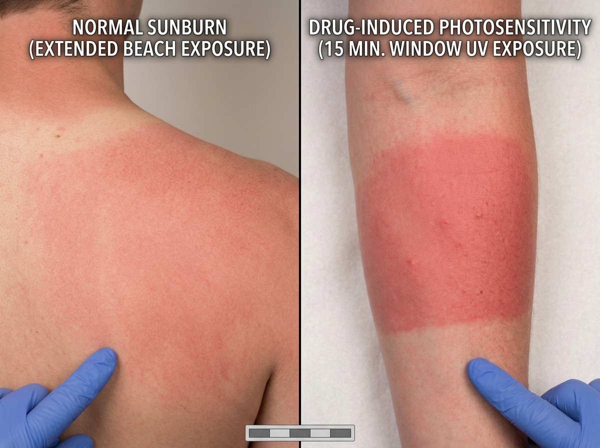 Comparison of normal sunburn at beach with blurred background vs photosensitive reaction from minimal indoor-window UV exposure showing sharply defined erythema