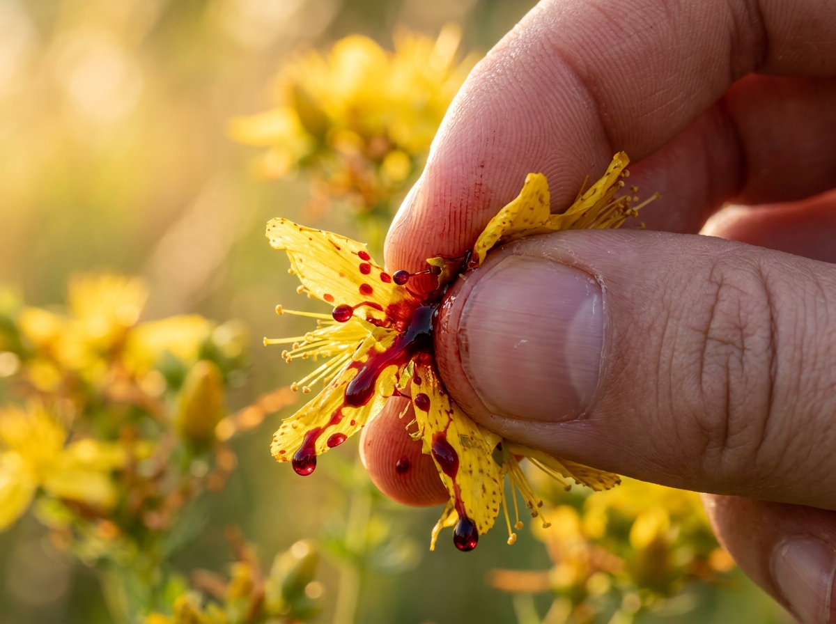 St. John's Wort flower petals being crushed between fingers releasing vivid blood-red hypericin oil, herb in golden sunlight