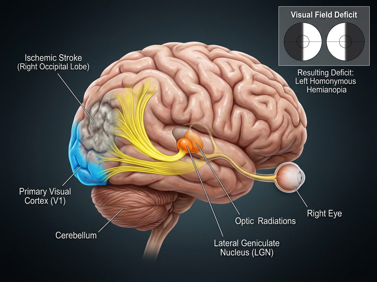 3D brain side view with occipital lobe, thalamus, and brainstem highlighted in red indicating regions where stroke most commonly causes photophobia