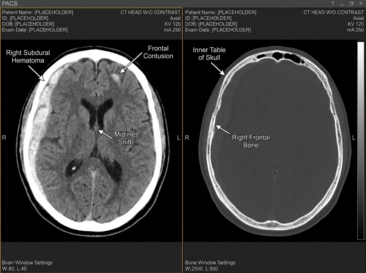 CT brain scan showing subdural hematoma and traumatic contusion in the temporal-occipital region after moderate traumatic brain injury