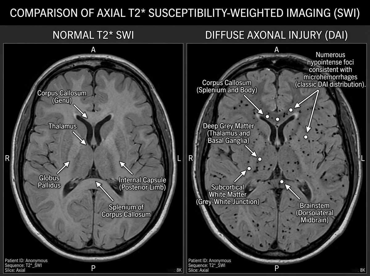 MRI susceptibility-weighted imaging showing multiple petechial hemorrhages as dark spots in white matter tracts from diffuse axonal injury after TBI