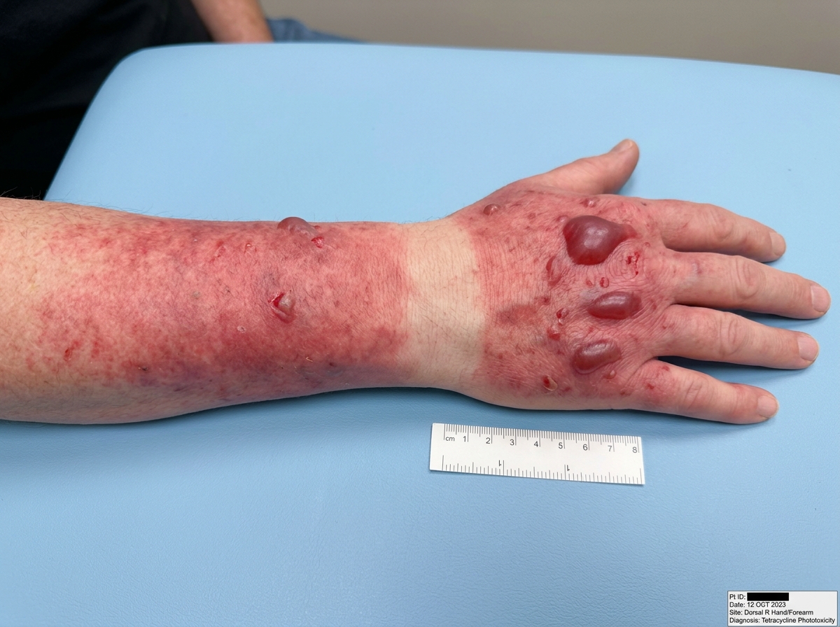 Back of hand and forearm showing tetracycline phototoxic sunburn reaction: vivid red erythema and early blistering in UV-exposed areas with sharp sleeve demarcation