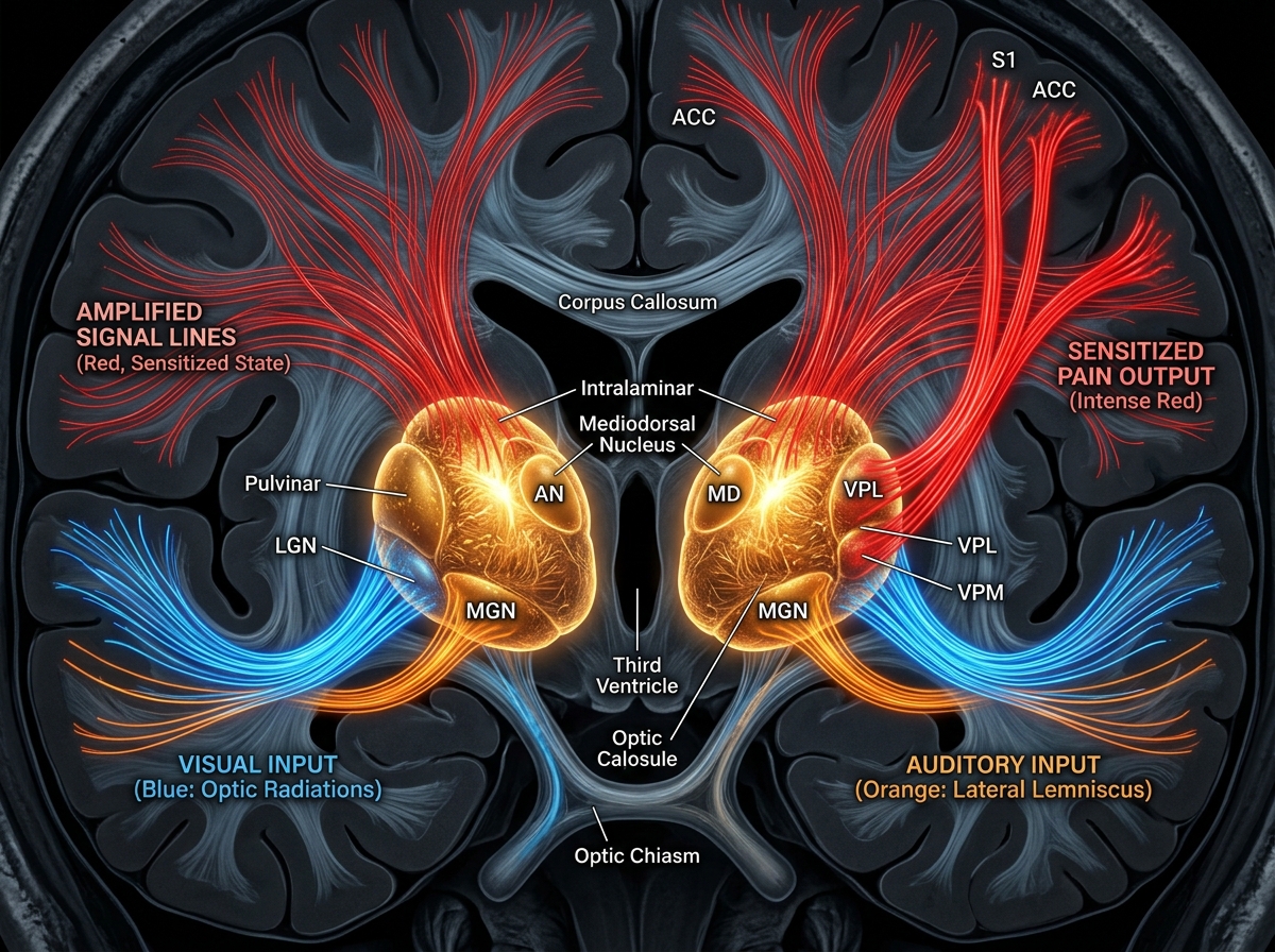 3D thalamus anatomy with bilateral sensory input streams (visual in blue, auditory in orange) converging on thalamic nuclei with pain amplification shown