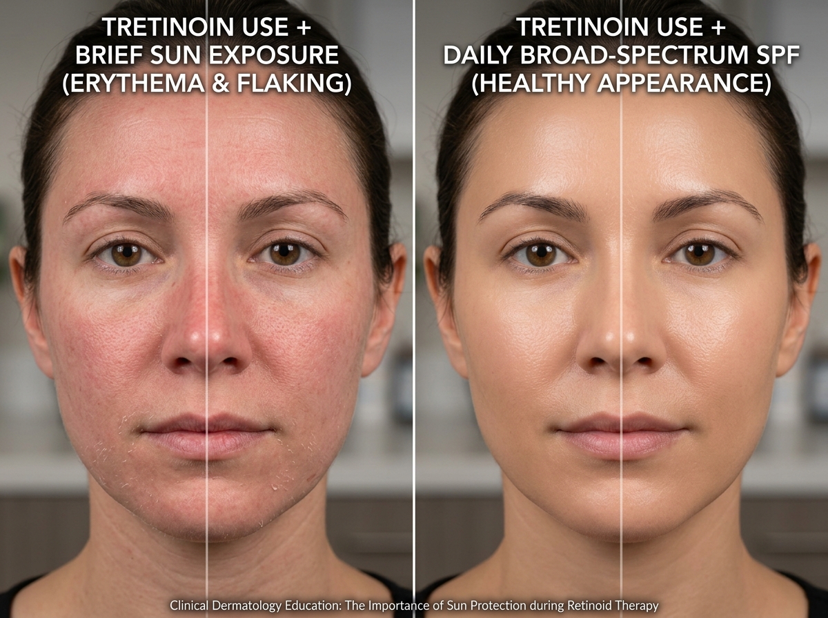Split face comparison: tretinoin-treated skin with erythema and peeling after brief sun exposure on the left vs properly protected SPF-wearing skin on the right