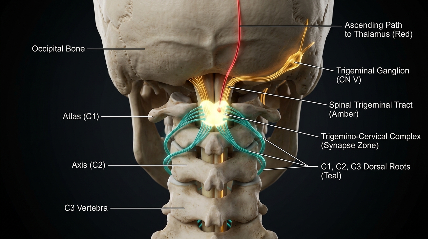 3D brainstem anatomy showing trigemino-cervical complex where trigeminal and upper cervical nerve fibers converge, highlighted in orange-red
