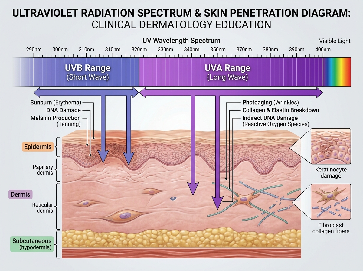 UV spectrum diagram showing UVB (290-320nm) and UVA (320-400nm) wavelength ranges with their respective skin penetration depths and damage types