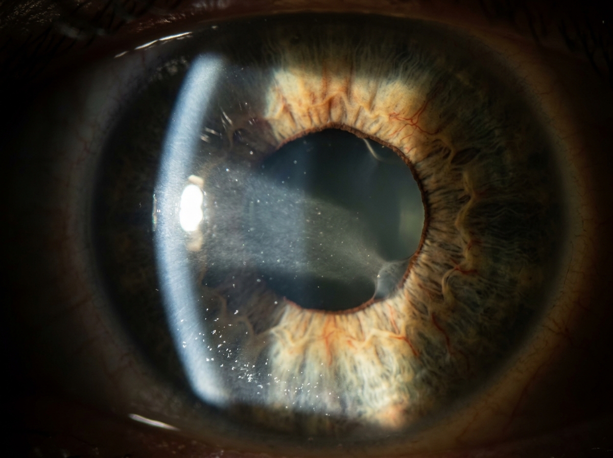 Slit-lamp photograph of anterior uveitis showing ciliary injection ring around the corneal limbus and irregular pupil