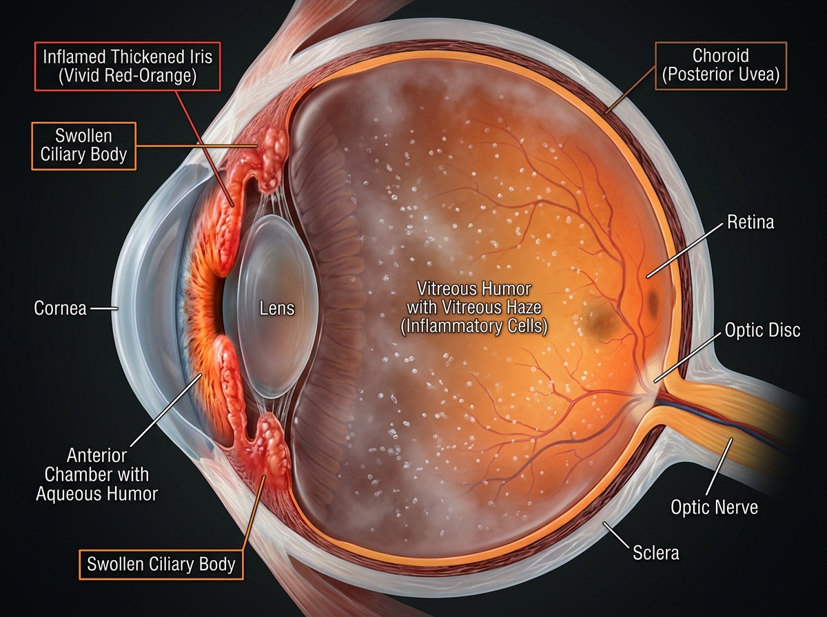 Anatomical cross-section of the eye showing the uveal tract (iris, ciliary body, choroid) highlighted in red indicating inflammation