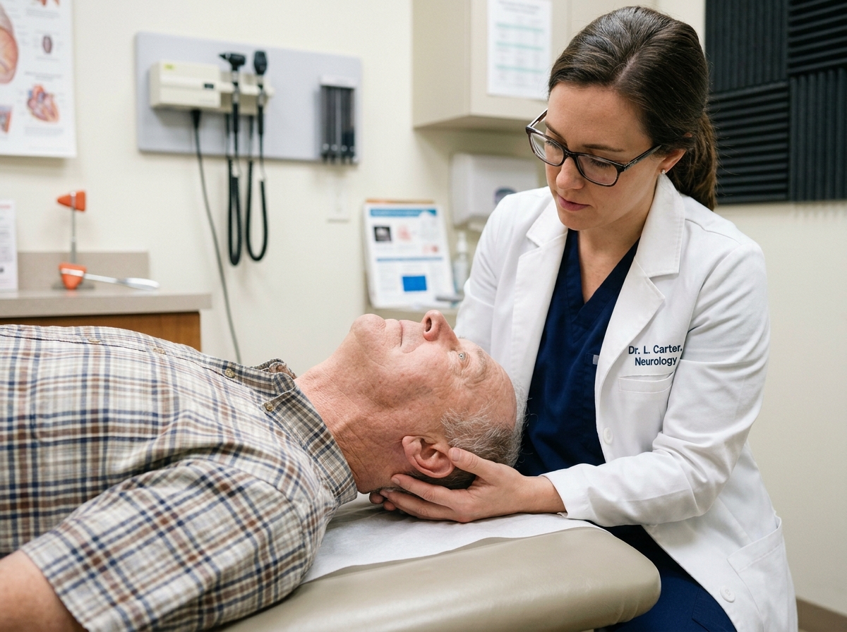 Physician performing Dix-Hallpike positional test on patient lying back with head turned right, testing for BPPV