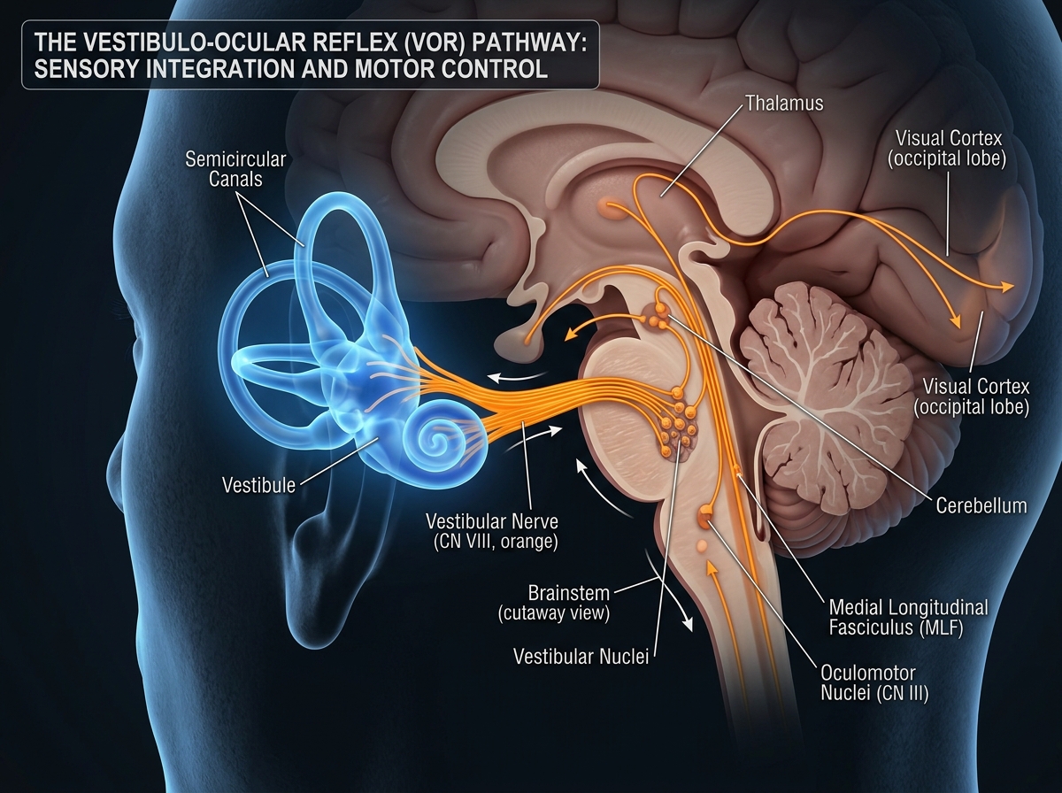 3D anatomy of inner ear semicircular canals and otolith organs with vestibulo-ocular reflex pathway shown connecting to brainstem and visual cortex