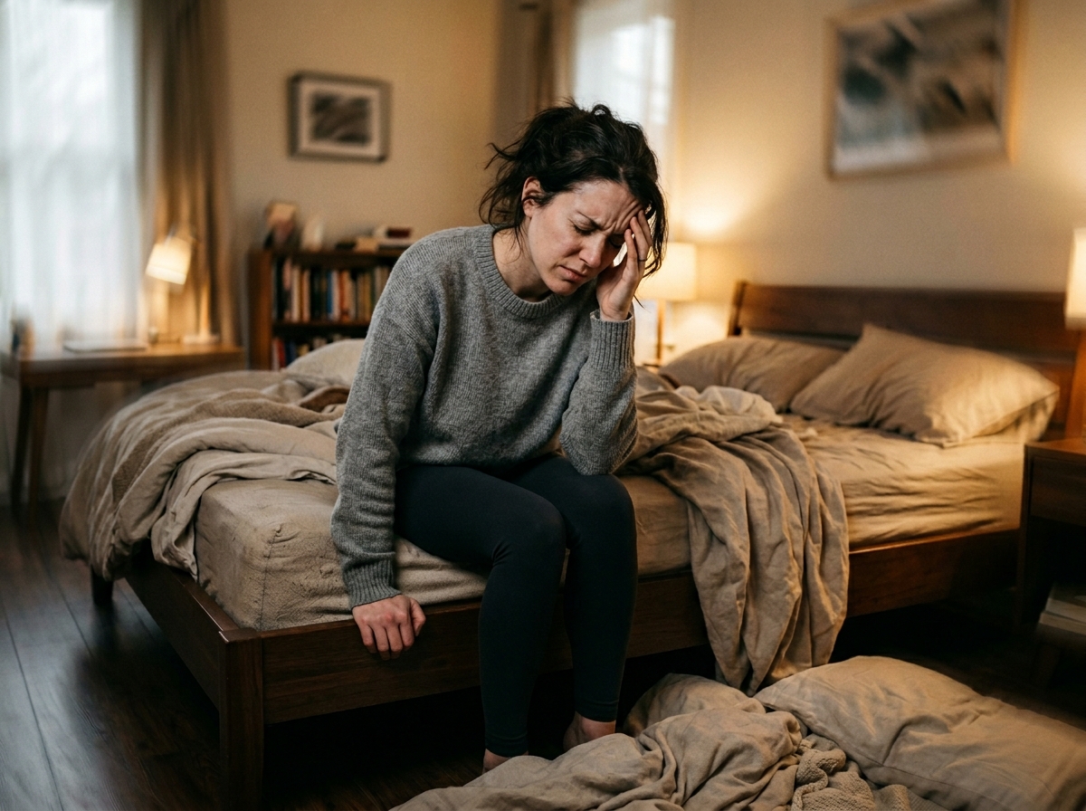Woman sitting on couch gripping armrest with eyes closed, room tilting sensation visualization with spinning overlay, photophobic squint