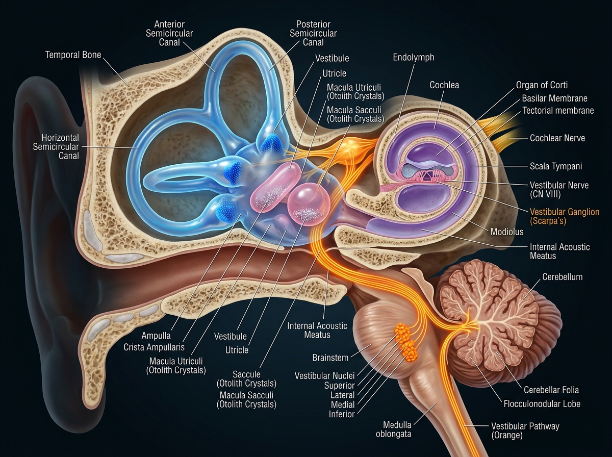 3D anatomical cross-section of inner ear labyrinth with vestibular apparatus highlighted in gold, trigeminal nerve connecting to brainstem in electric blue
