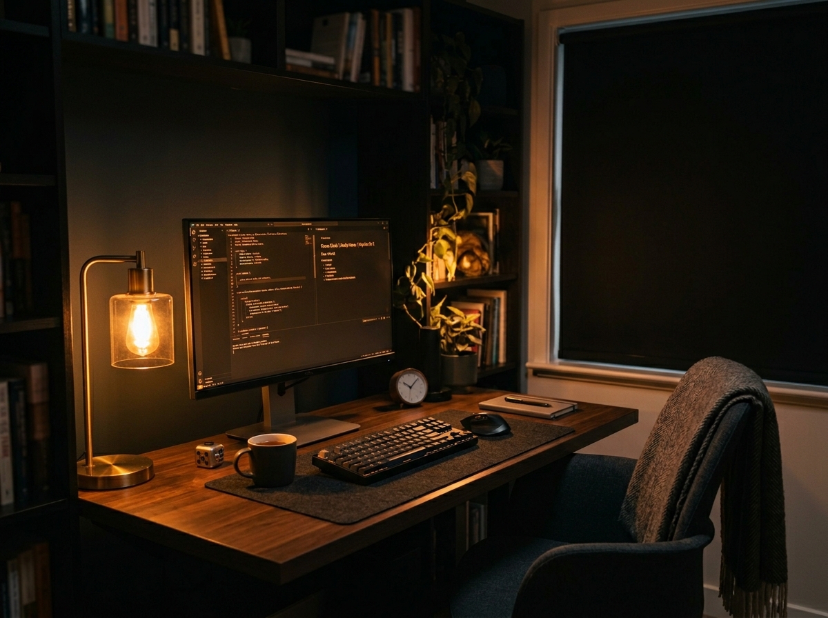 ADHD-friendly study space: warm desk lamp instead of overhead fluorescent, monitor with warm color temperature and reduced brightness, cozy dim corner with focused task lighting