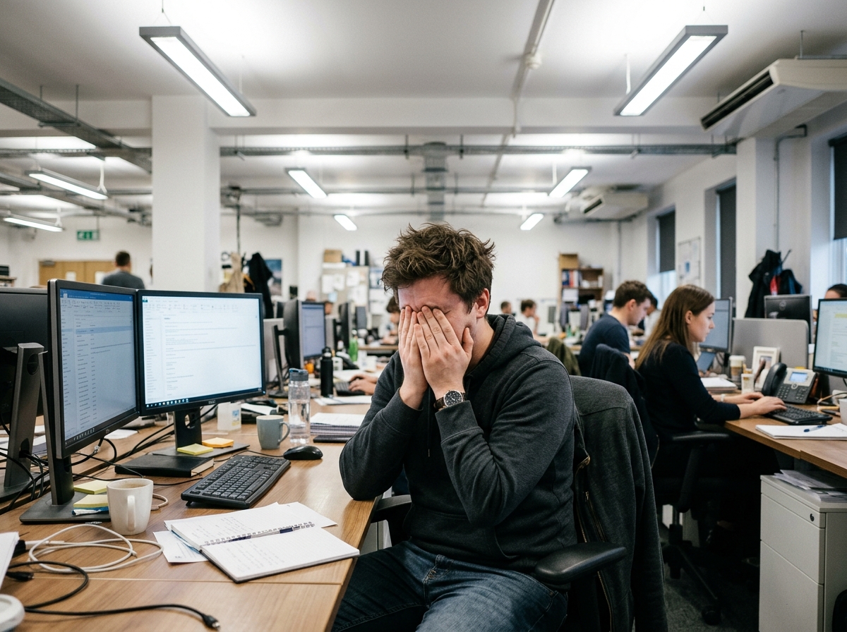 Person with ADHD at a bright fluorescent-lit open office, covering eyes with hands, distracted by overhead lights while trying to work
