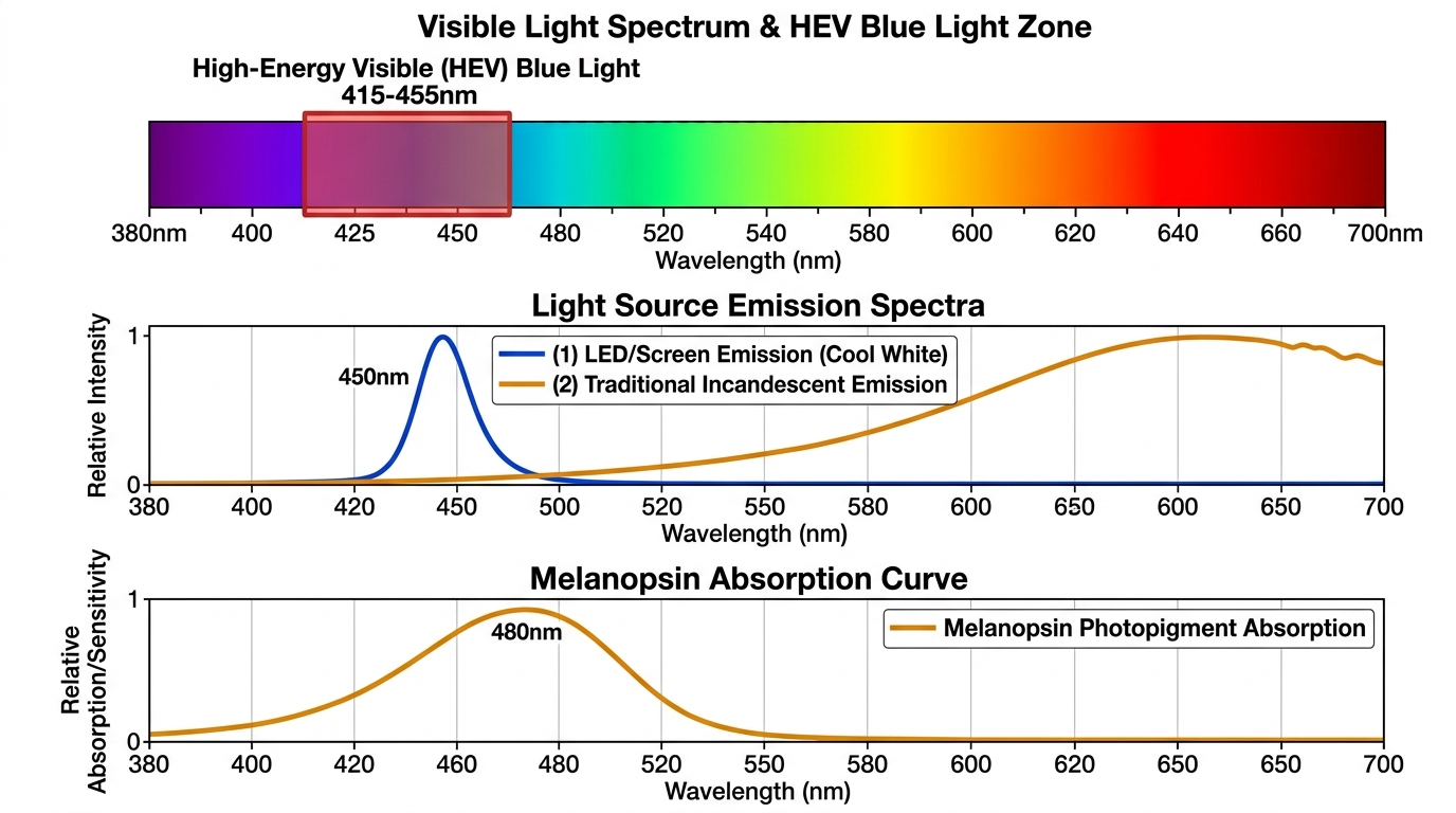 Visible light spectrum diagram highlighting the blue light range (415-455nm HEV) from LED screens with wavelength annotations and melatonin suppression curve