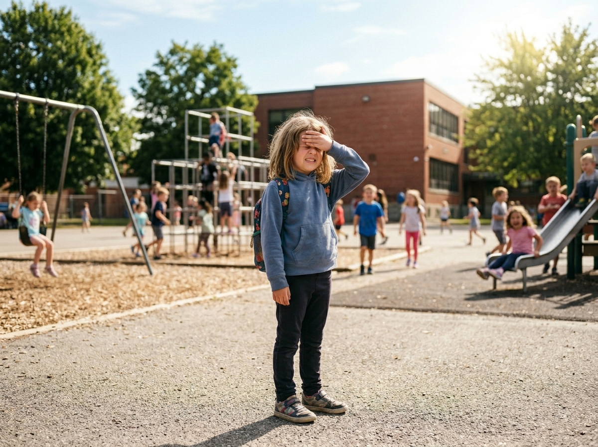 Young child at a bright school playground squinting tightly with hand shielding eyes, turning away from sunlight, expression of discomfort