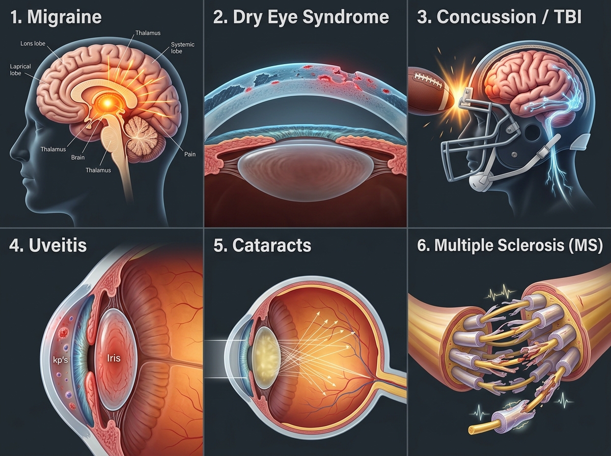 Medical illustration grid showing the top 6 causes of eye light sensitivity: migraine brain, dry eye cornea, concussion, uveitis inflamed iris, cataracts, and MS optic nerve