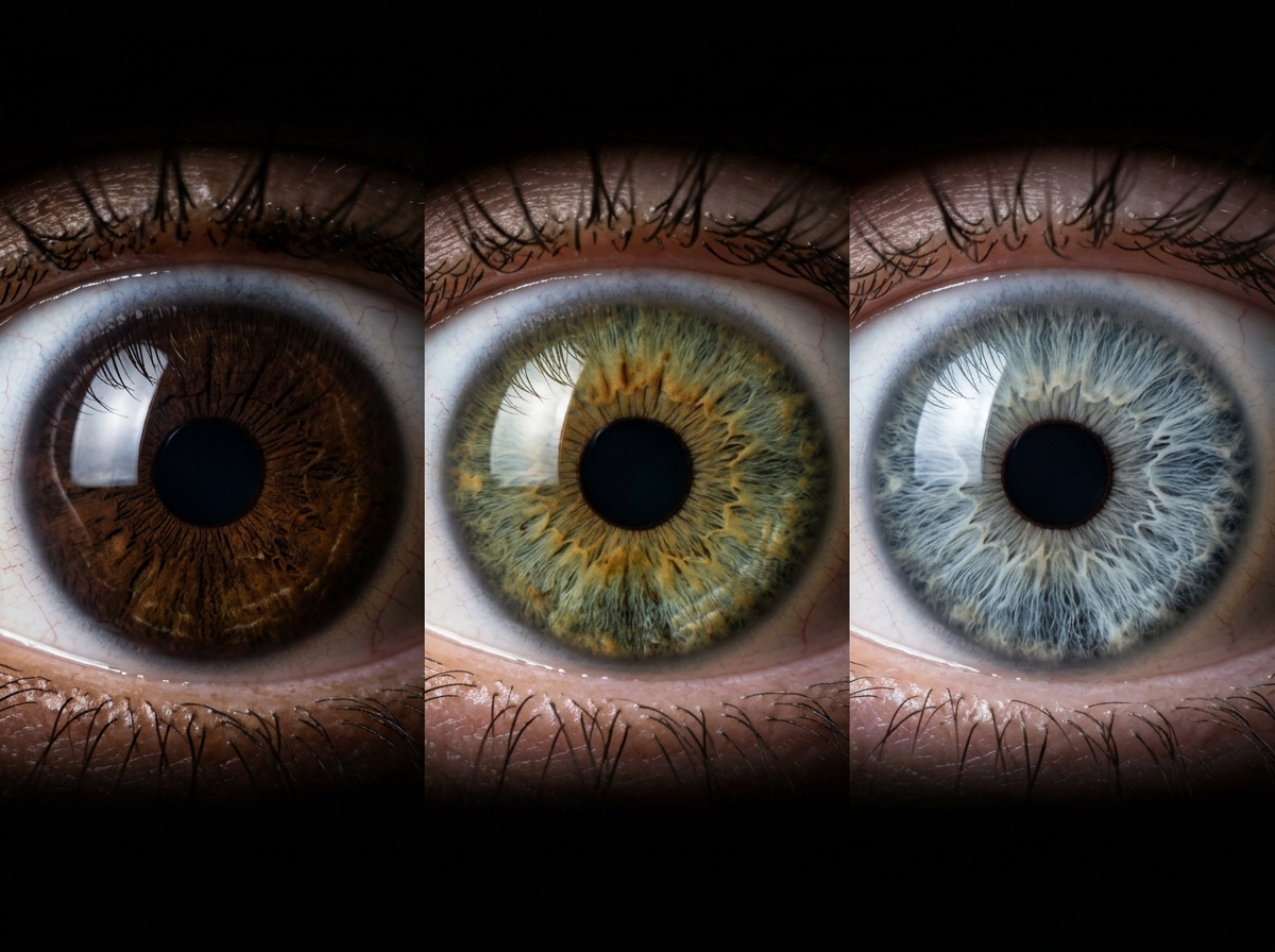 Macro close-up side-by-side comparison of blue iris with sparse melanin granules vs dark brown iris with dense melanin, both illuminated