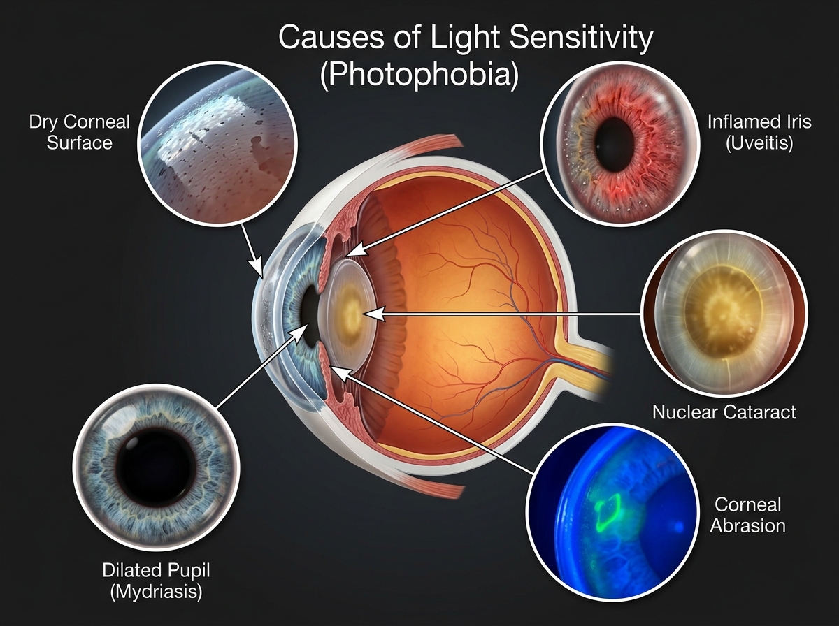Medical infographic-style circular diagram showing the six top causes of light-sensitive eyes: migraine, dry eye, concussion, uveitis, medications, TBI