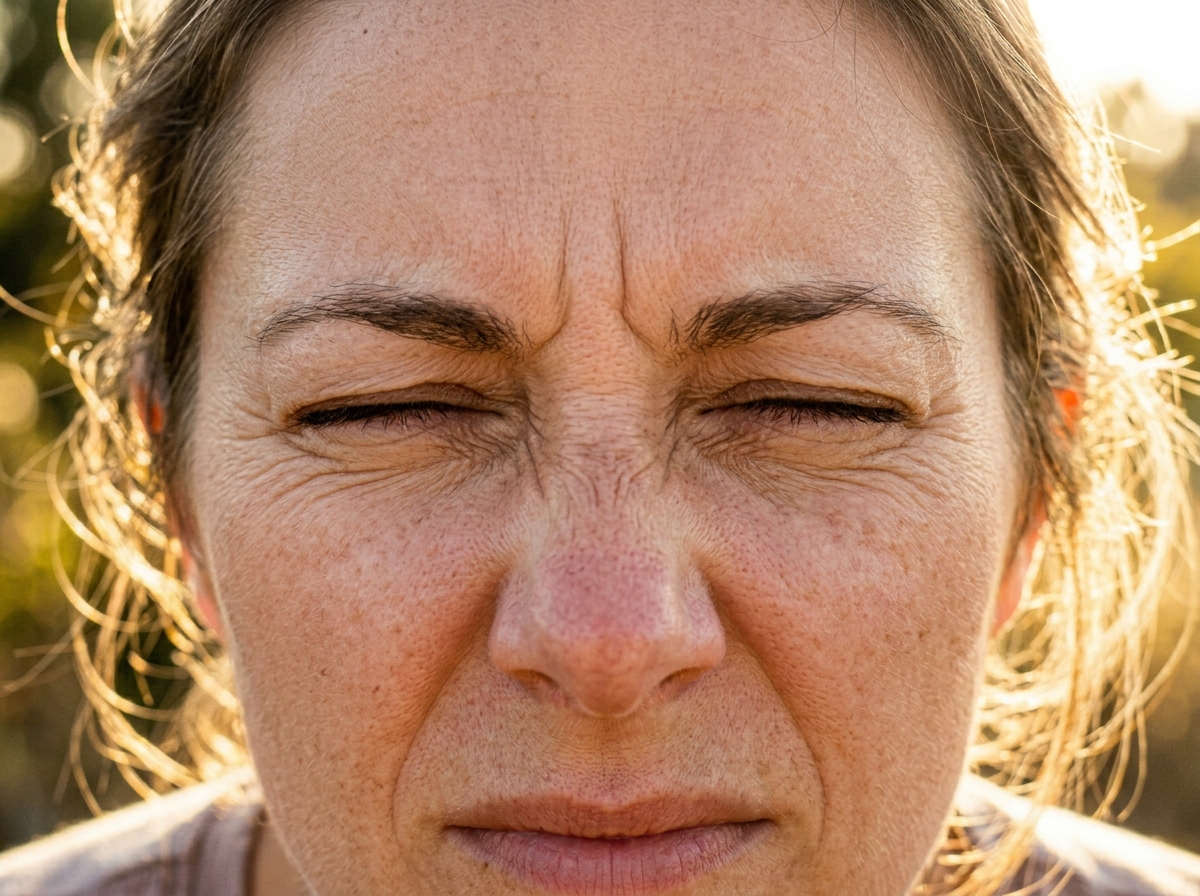Close-up of an eye squinting reflexively in bright outdoor sunlight, pupil constricting, orbital muscles tense