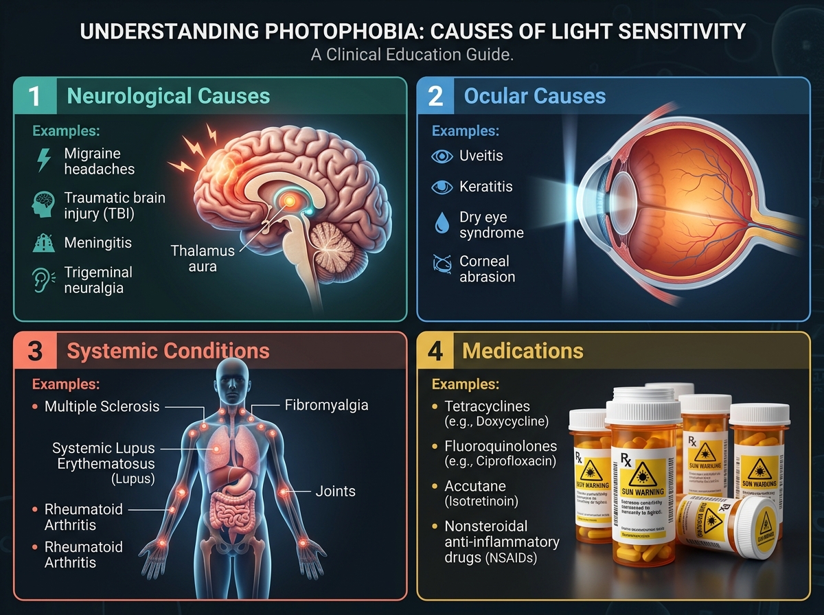 Four-quadrant infographic categorizing light sensitivity causes: Neurological (migraine, TBI), Ocular (dry eye, uveitis), Systemic (lupus, fibromyalgia), Medication-induced