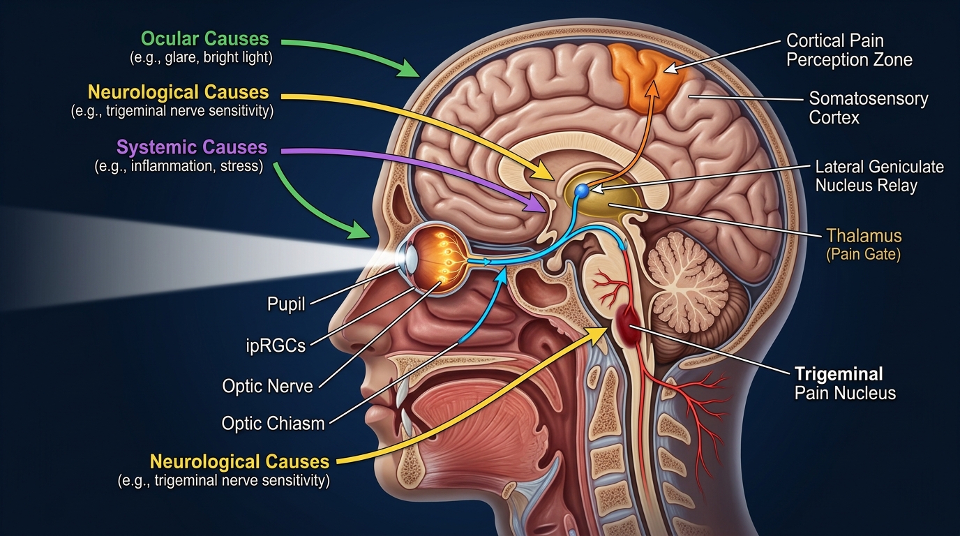 Anatomical diagram of the photophobia pathway: light enters eye → ipRGC retinal ganglion cells → optic nerve → thalamus → visual cortex with pain circuit highlighted in red