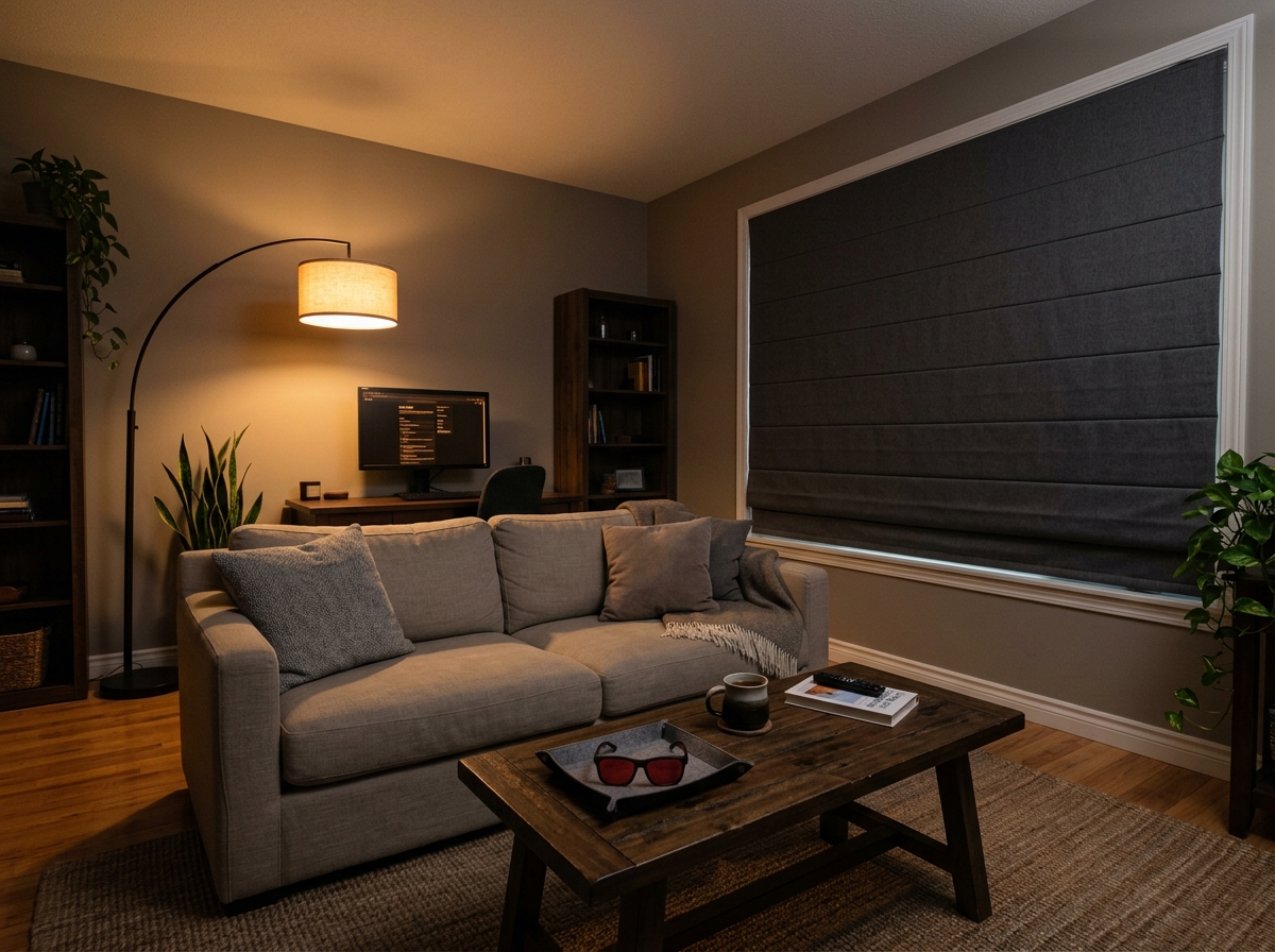 Warm dimly-lit home living room with blackout curtains, warm amber Edison bulbs, anti-glare laptop screen, person working comfortably in tinted FL-41 glasses