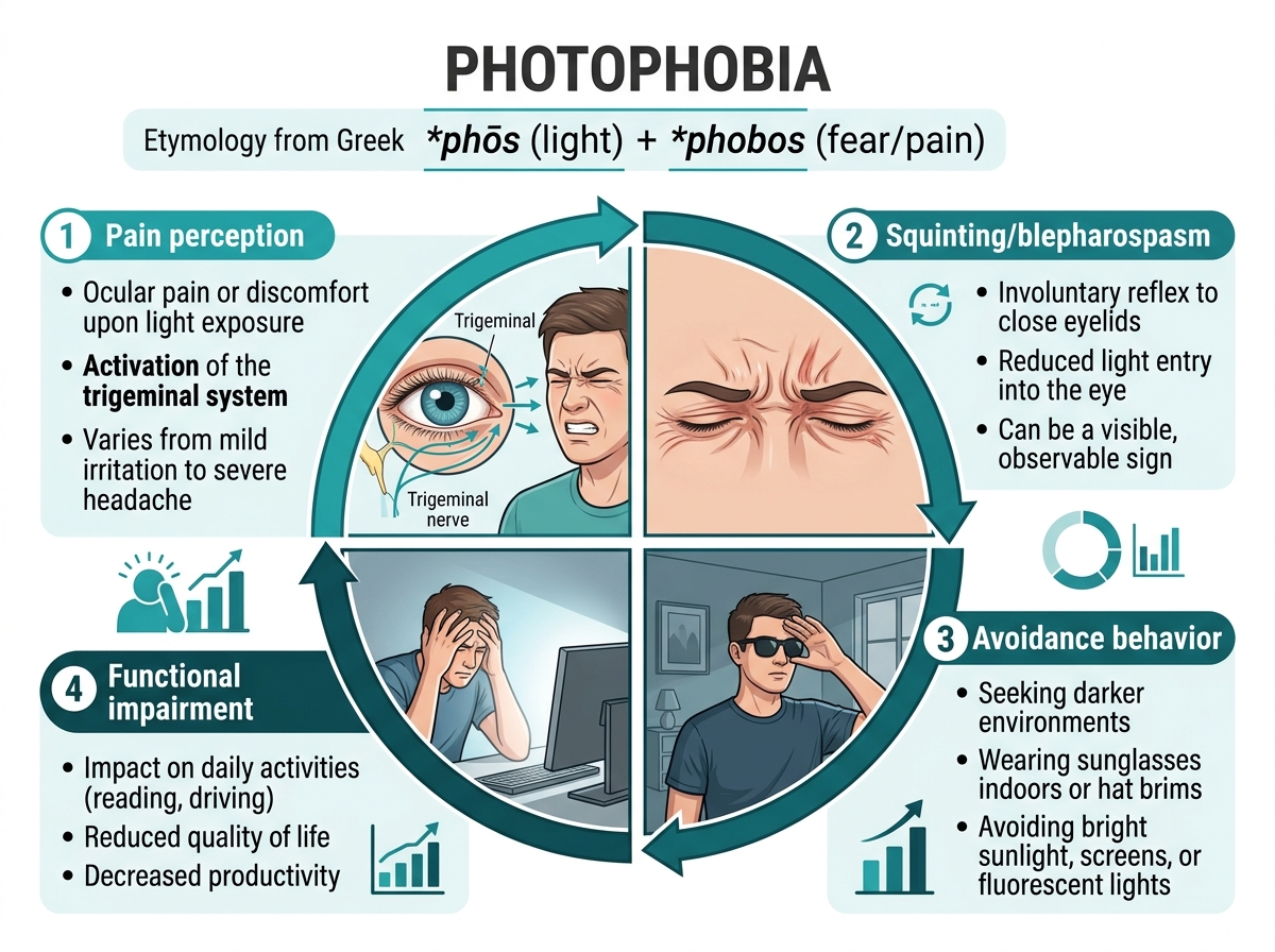 Medical diagram showing the Greek etymology of photophobia: 'photo' (light) plus 'phobia' (fear/aversion) with anatomical illustration of light-to-pain pathway
