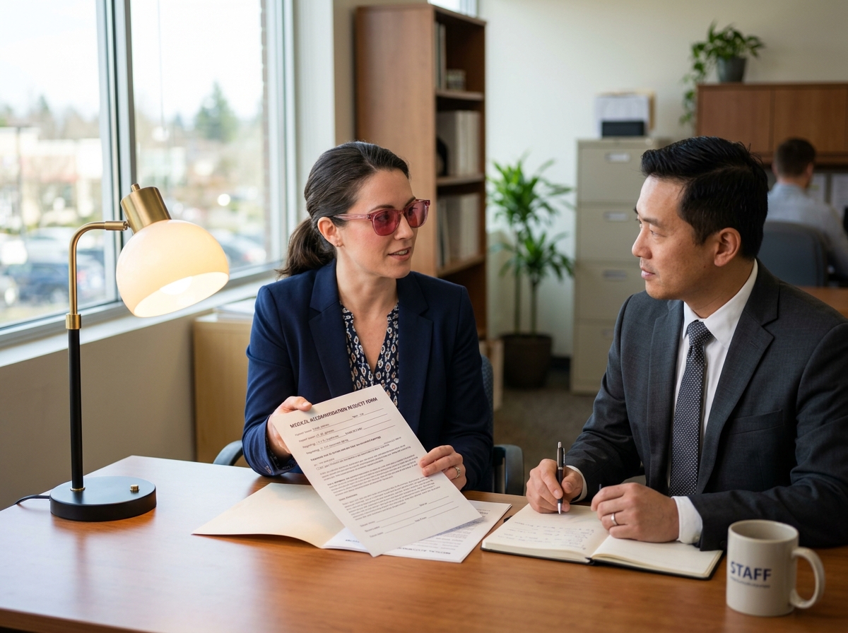 Office HR meeting: employee with FL-41 glasses presenting medical accommodation request form to HR manager, desk lamp with warm bulb visible as proposed accommodation
