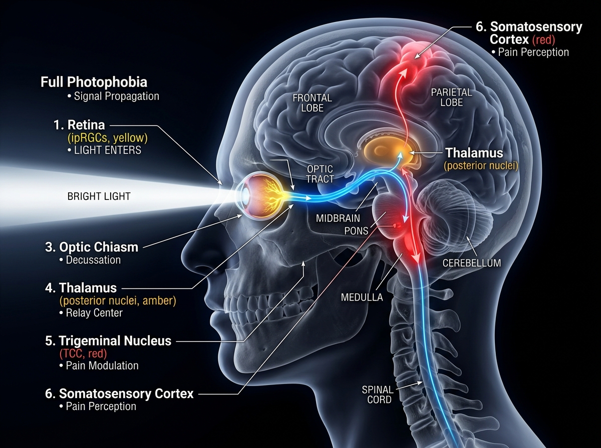 3D brain-eye pathway visualization: light entering retina through optic nerve to thalamus to pain signaling in electric blue and red