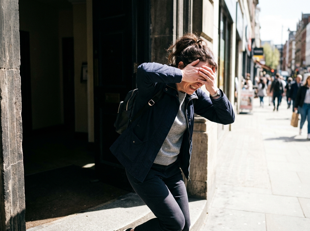Person with severe photophobia eyes tightly shut and hands raised to block light in a normally lit corridor